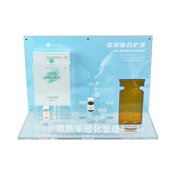 Custom 3D Text Brand L Shape Skincare Acrylic Countertop Display Stand