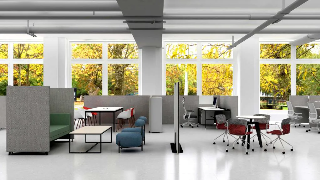 Bright office and meeting room space with modern furniture