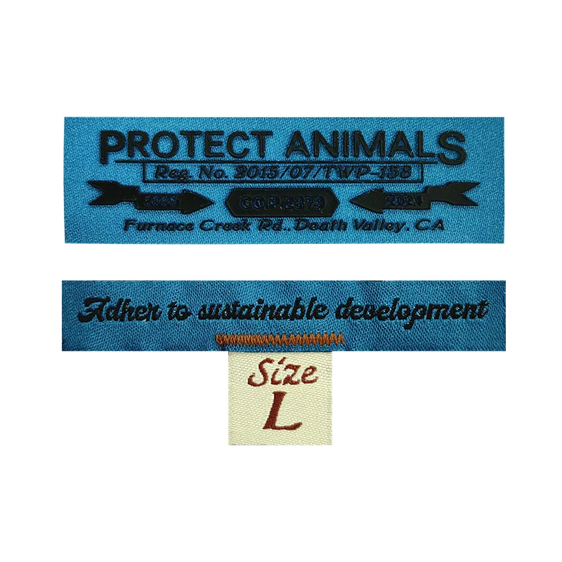 PROTECT ANIMALS Woven & Silicon Printing Main Label Neck Label Size ...