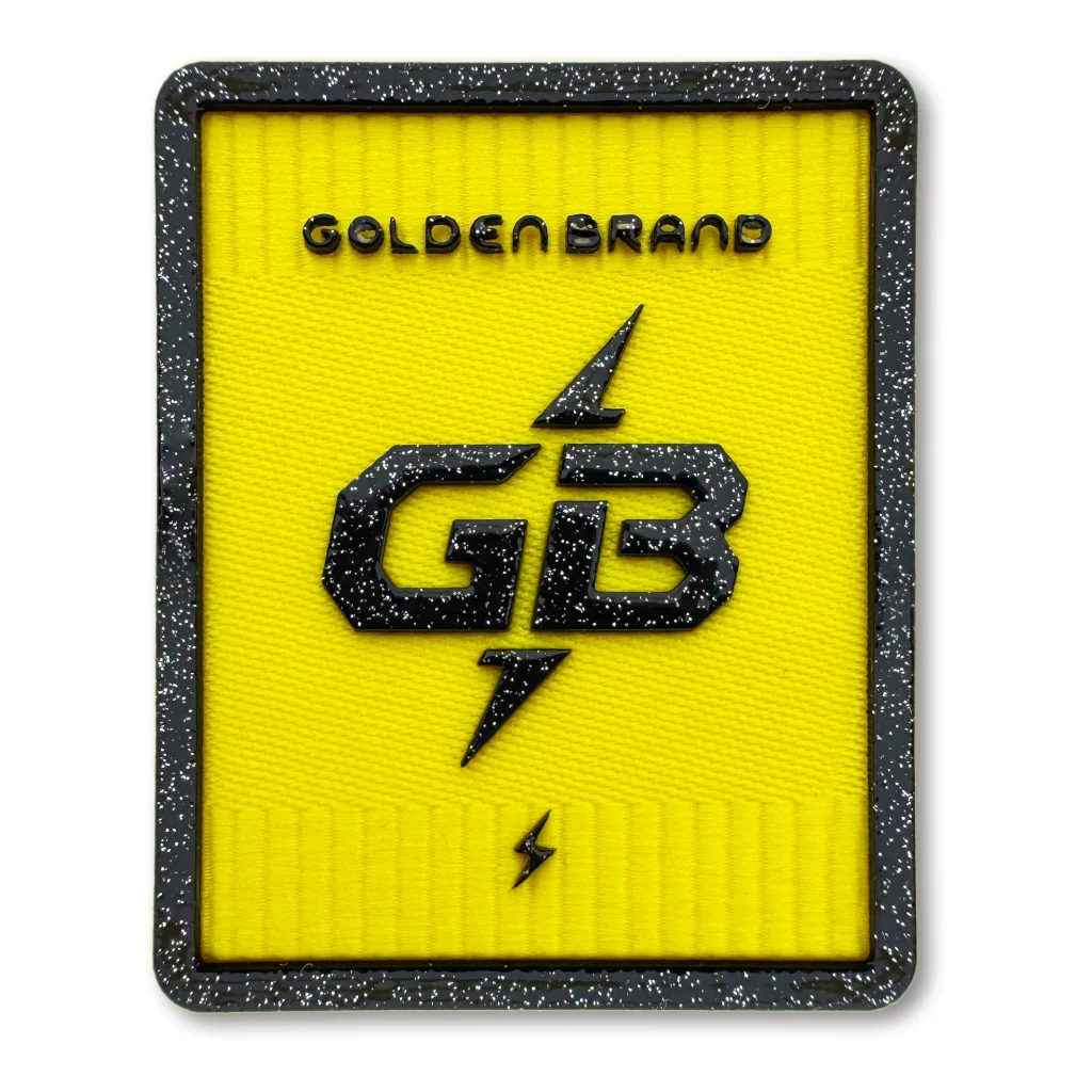 Yellow and black glitter powder + raised GB symbol, eye-catching embellishment suited for functional streetwear brands / tactical scenarios  - BT64685 - Golden Brand