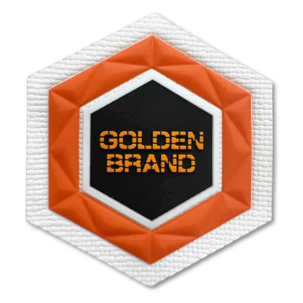 Multi-layered hexagonal + dot matrix font, a visual highlight suitable for minimalist functional / streetwear brand contexts. High Frequency Heat Transfer Patches Good Quality Custom 3D Embossed Diy Clothing Badges - YS2510071 - Golden Brand
