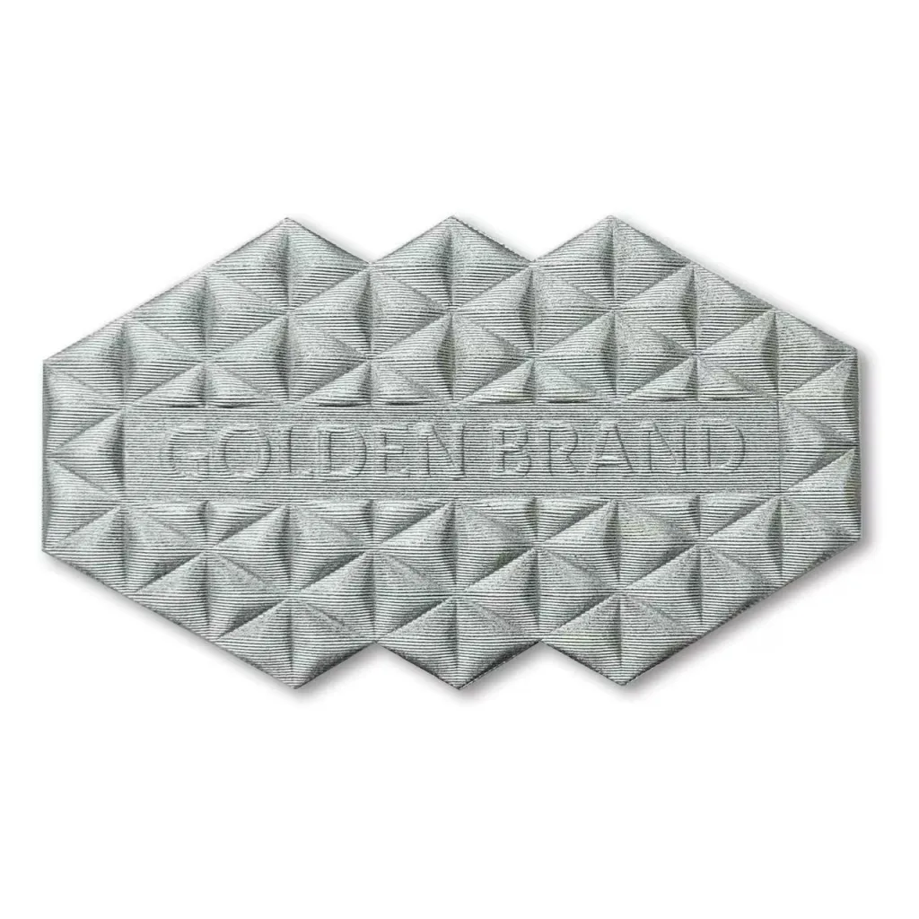 Hexagonal diamond pattern + discreet branding, suited for minimalist industrial/functional settings as sophisticated décor High Frequency Heat Transfer Patches Good Quality Custom 3D Embossed Diy Clothing Badges - SH20250081 - Golden Brand
