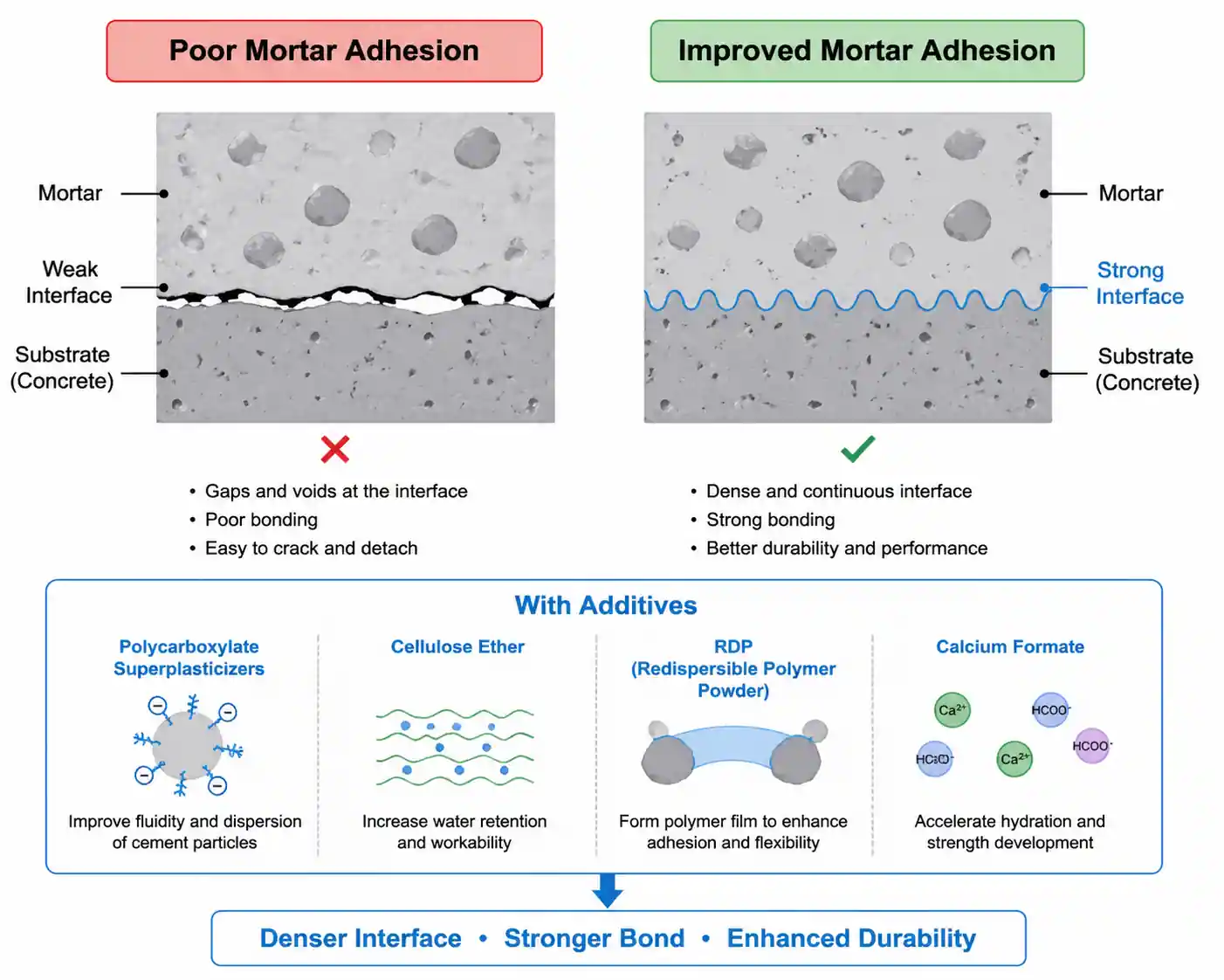 Poor Mortar Adhesion and improved Mortar Adhesion